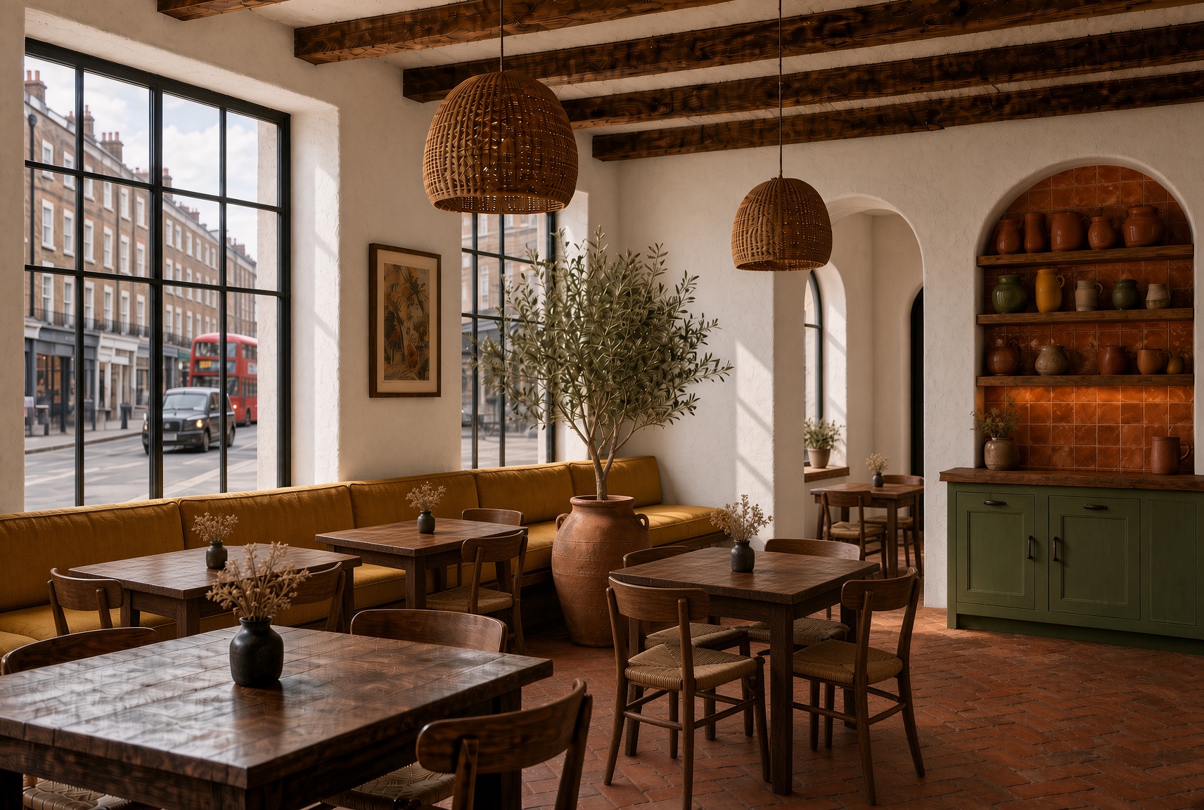 Cape farmhouse café on a London street — mustard banquette, timber beams, city outside the windows