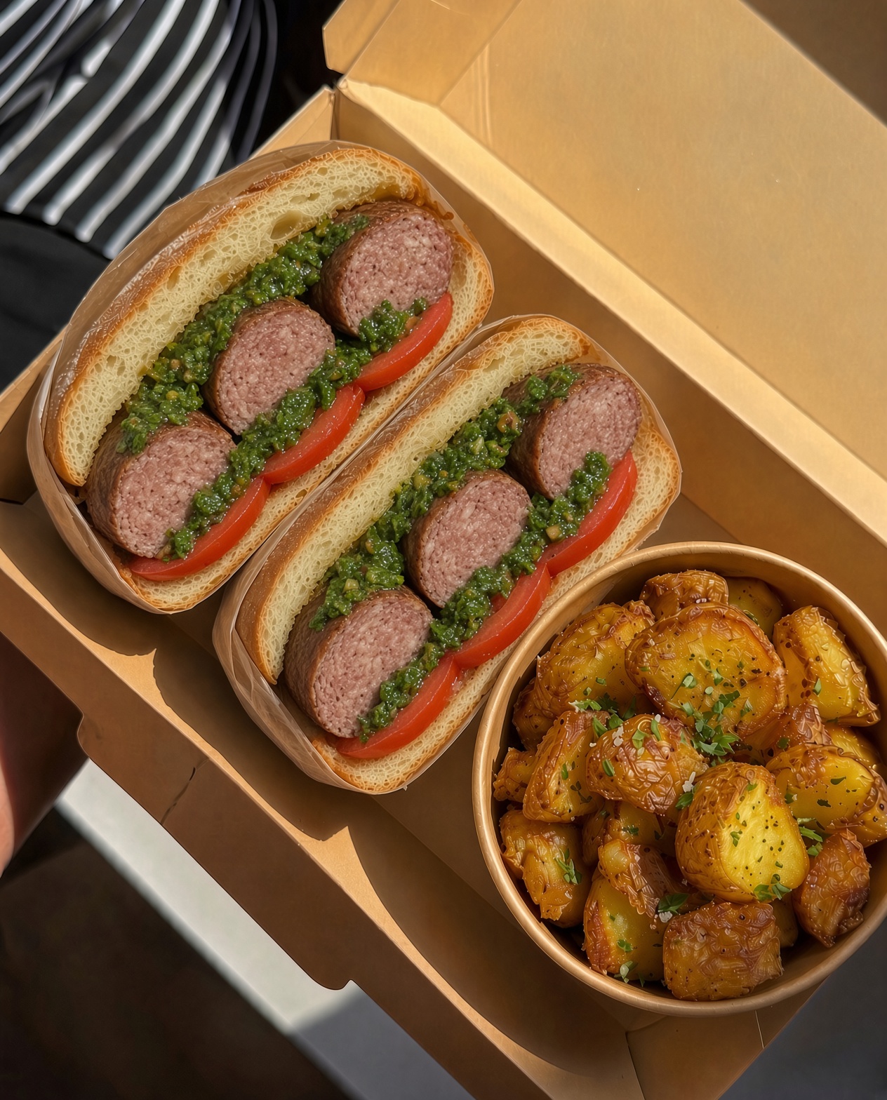 Chori-Bum on ciabatta in a kraft box