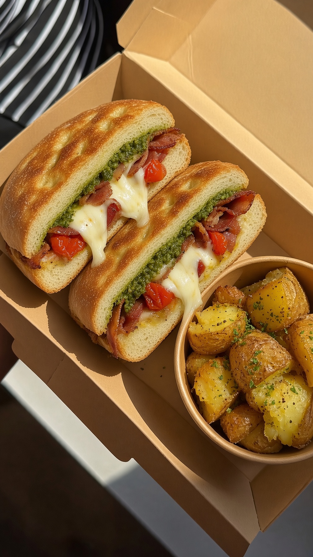 Tuscan melt on ciabatta in a kraft box